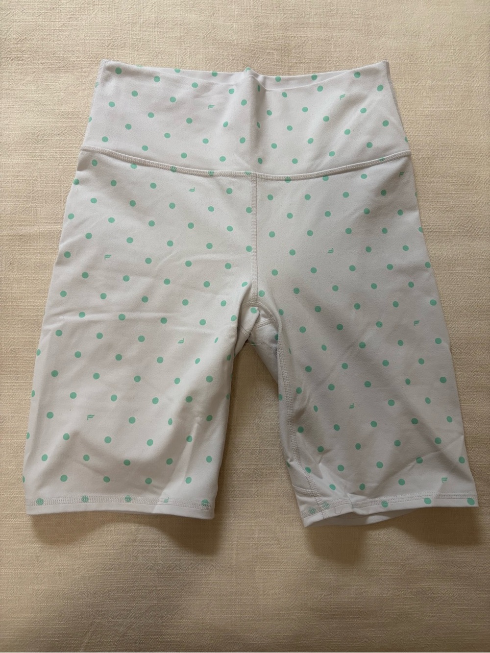 Fabletics White Polka Dot Women’s Biker Shorts with Mint Green Accents